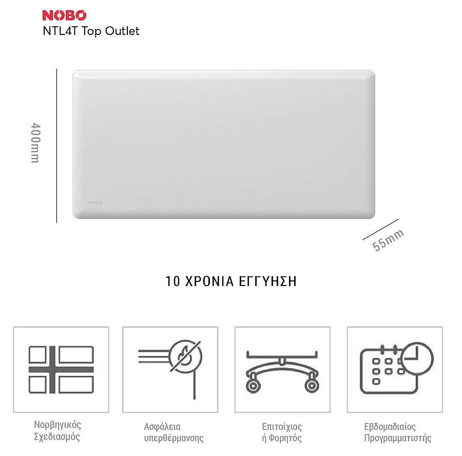 Nobo Top NTL4T 07 Θερμοπομπός Τοίχου 750W με Θερμοστάτη Με Πόδια Και Ρόδες